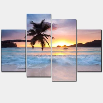 

HD Living Room Printed Frame Home Decor Canvas 4 Panel Coconut Sunset Beach Sea View Modern Painting Poster Wall Art Pictures