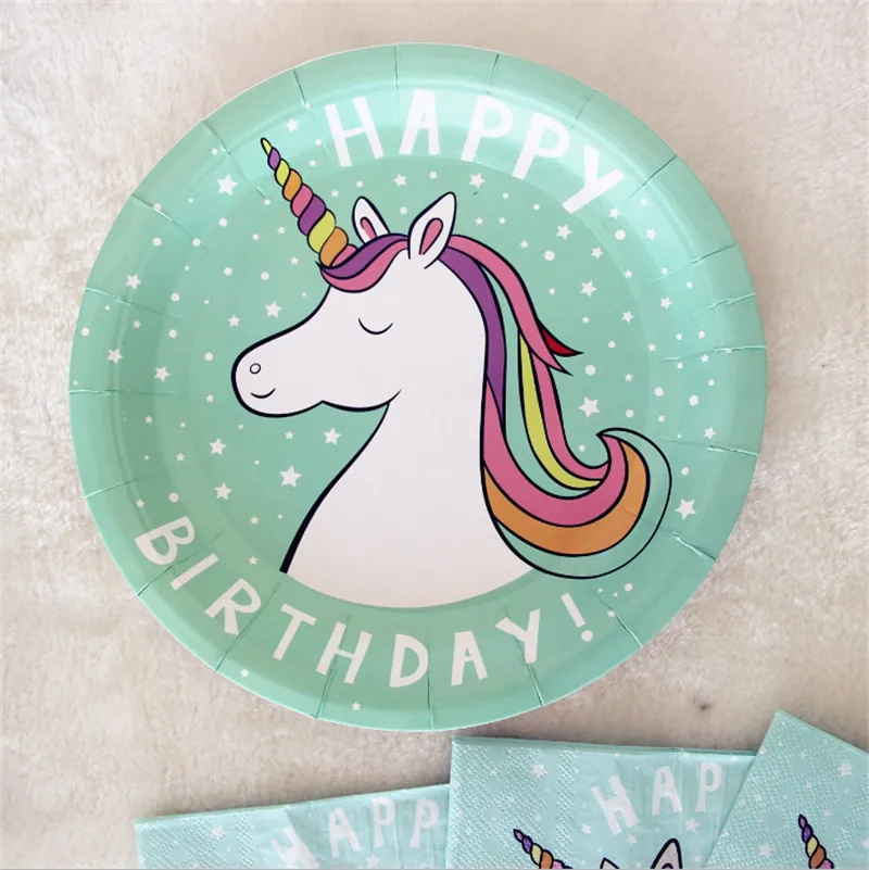 Unicorn Party Paper Tray Set Birthday Party Disposable Tableware Paper Cup Afternoon Tea Cake Dish Birthday Party Supplies HW73 (8)