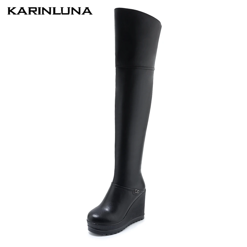 

Genuine Cow Leather Fashion Hot Sale Wedge High Heels Over The Knee Winter Boots Woman Shoes Women Black Shoes Woman Boots