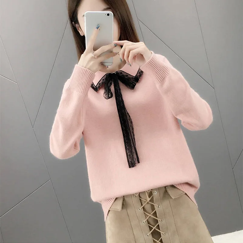 Pink Vangull Весна Осень Новые женские вязаные свитера с кружевным бантом короткие Лоскутные пуловеры с отложным воротником свитера с длинным рукавом - Цвет: Pink