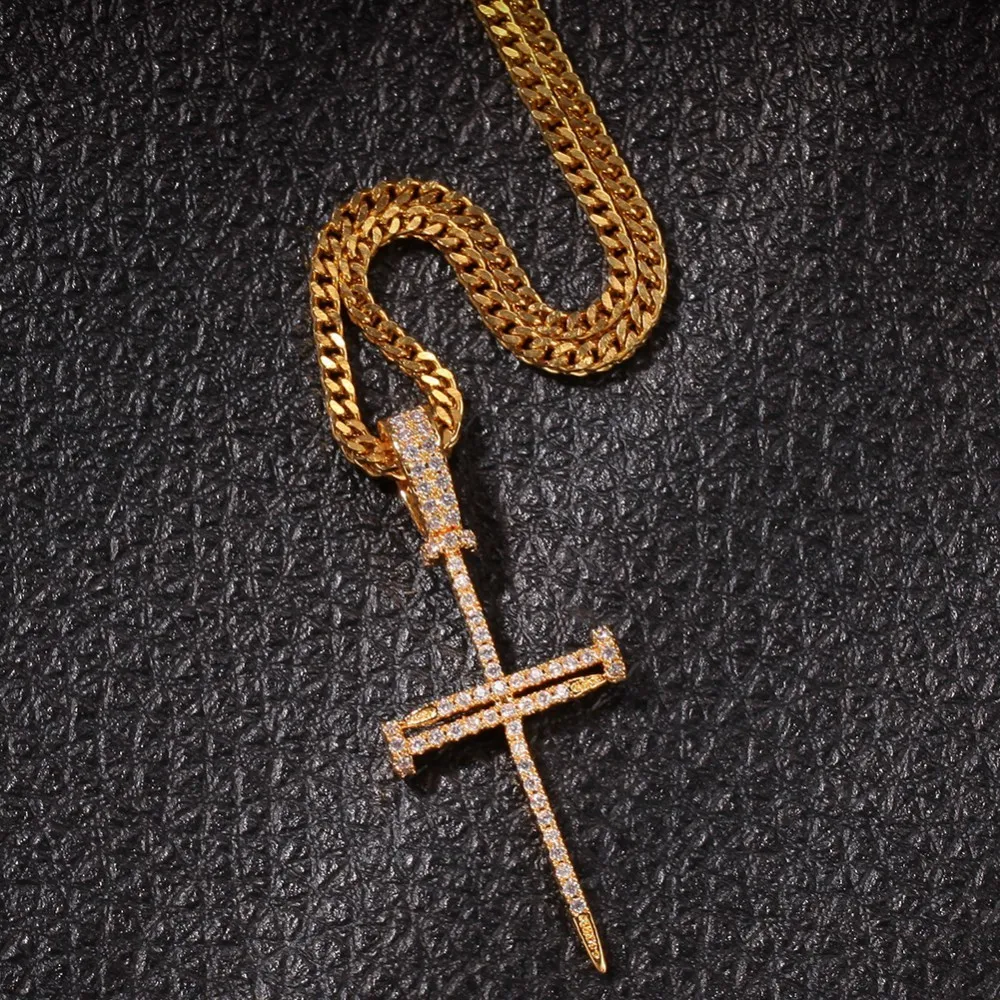 UWIN ногтей крест кулон медный материал AAA CZ Bling Iced Out ожерелье цепь микро проложили мужские ювелирные изделия Хип-хоп - Окраска металла: Gold