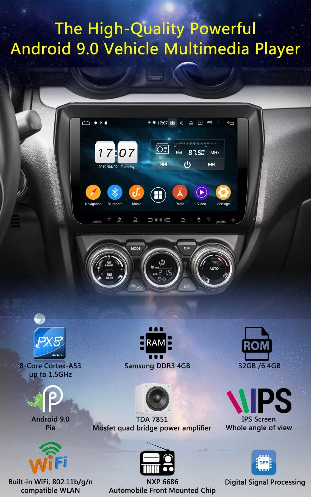 Sale 9" IPS Octa Core 4GB+64GB Android 9.0 Car Multimedia Player for Suzuki Swift 2017 2018 2019 Radio GPS Navigation CarPlay Parrot 1