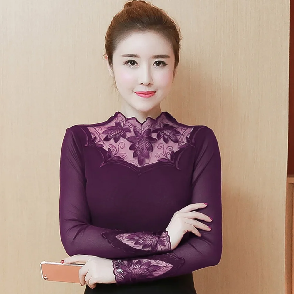 

2019 Women Blouse Long Sleeve Embroidery Women Tops Fashion O Neck Lace Blouse Shirt blusas Shirts
