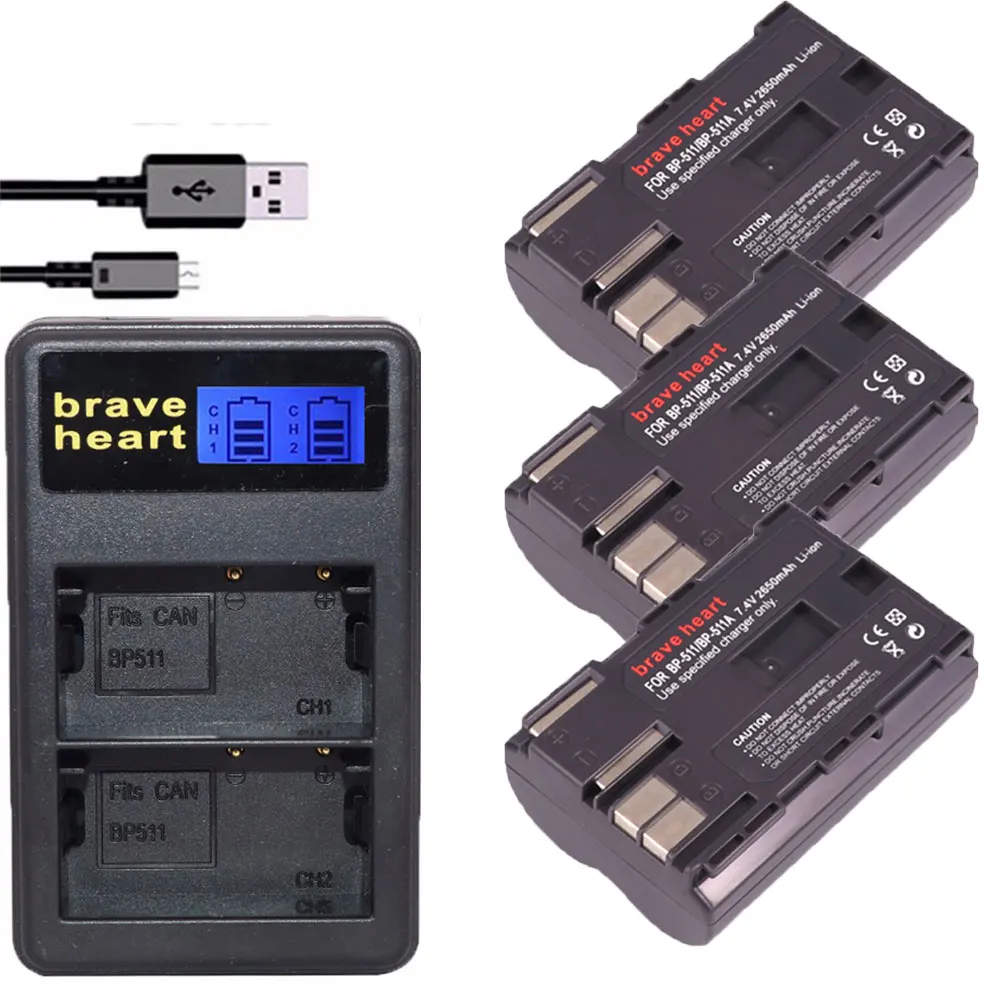 3x7,4 v 2650 мА/ч, BP-511A BP-511 BP 511 511A BP511 BP511A Батарея+ ЖК-дисплей USB Зарядное устройство для цифровой однообъективной зеркальной камеры Canon EOS 40D 300D 5D 20D 30D 50D камера