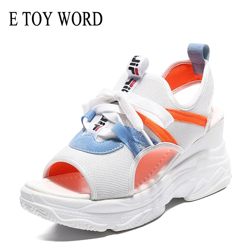 

E TOY WORD platform Sandals Summer Casual Shoes Fish mouth Wedge Sandals Women Lace-Up Breathable Mesh sandals High Heels