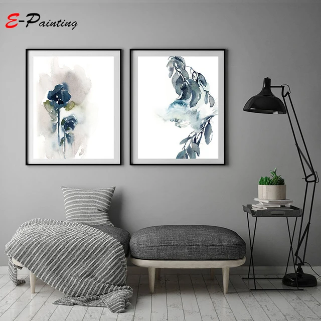 Abstract Botanical Print Wall Art Blue Grey Modern Watercolor Abstract Botanical Print Wall Art Blue Grey Modern Watercolor Painting Home Decor White Background Living Room