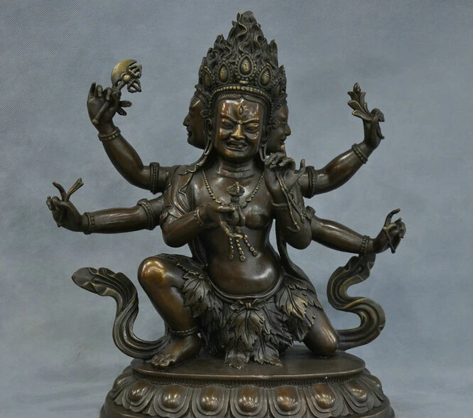 

16'' Tibet 3 Heads 6 Arms Protector Buddha Diety Bronze Statue R0712 Discount 35%