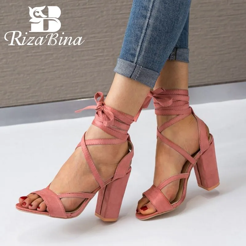 

RIZABINA Fashion Cross Strap High Heels Shoes Open Toe Solid Color Sandals Office Party Thick Heels Footwear Women Size 34-43