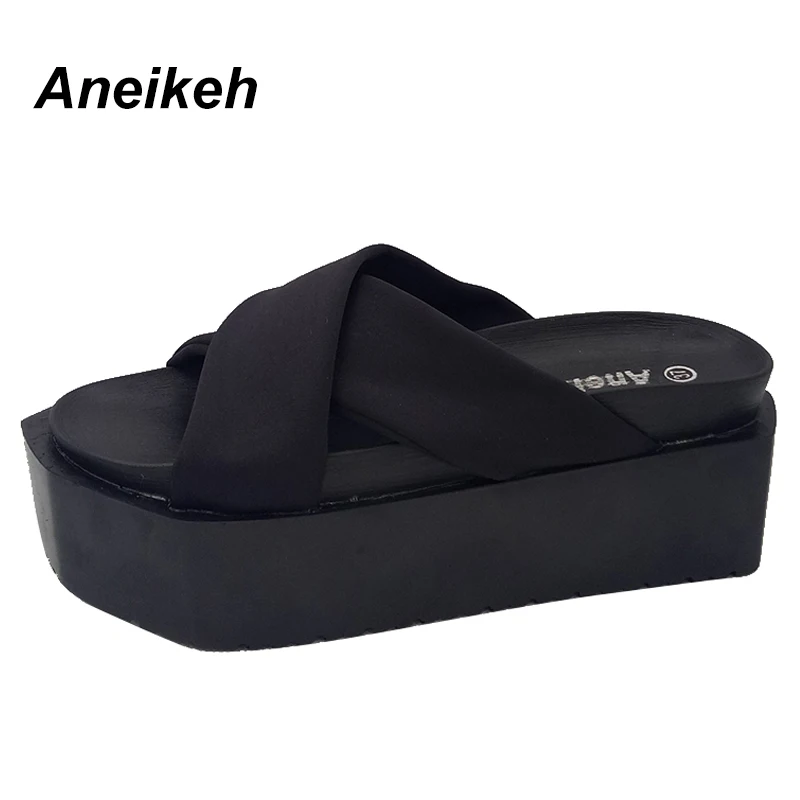 

Aneikeh 2019 New Ladies Slides Thick-soled Roman Style Beach Slippers Women High Heels Fashion Simple Casual Shoes Black Size 9