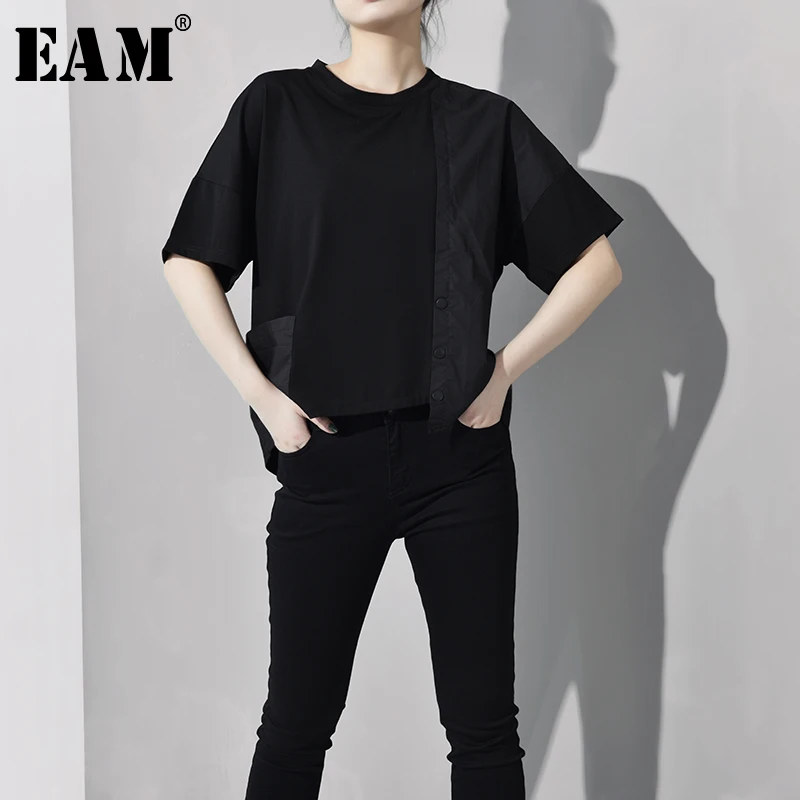 

[EAM] 2019 New Spring Summer Round Neck Half Sleeve Black Button Irregular Hem Big SizeT-shirt Women Fashion Tide JX5000