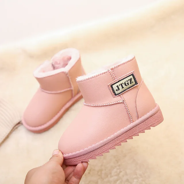 Toddler Ankle Boots Waterproof Pink Leather Boots Girls Cotton Plush