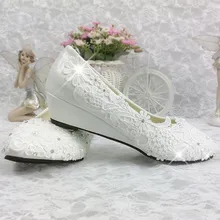 Удобные Клинья Кружева Свадебный Цветок Горный Хрусталь Pearl Обувь Невесты Белый Бесплатная Доставка