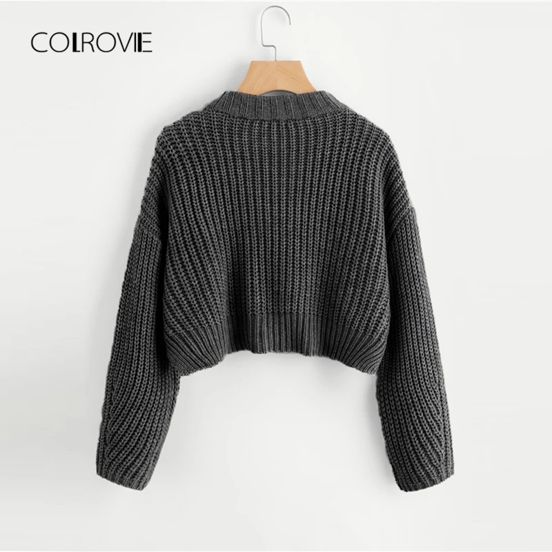 COLROVIE Split Solid Korean Elegant Crop Grey Sweater Women Tops 2018 Fashion Pullover Long Sleeve Winter Jumper Ladies Sweaters