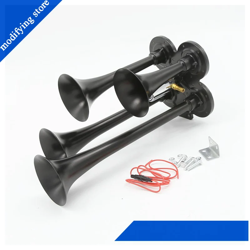 

12/24V Black Metal 118DB 4-Trumpet Air Horn Car Truck Train Compact Quad A Sound Signal For the Car