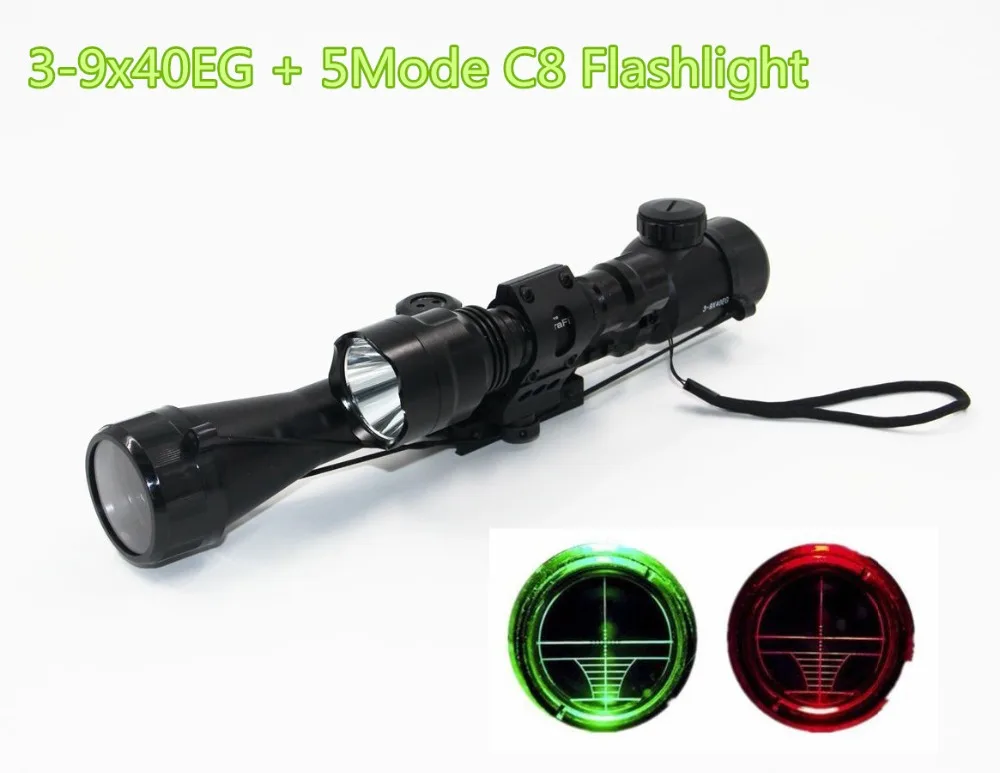

Hunting Compact Riflescope Combo 3-9x40EG Rifle Scope + CREE T6 LED Hunting Flashlight 5Mode C8 Torch Flash Light