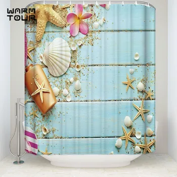 

Bath Shower Curtains 72" x 72" Beach Theme -Starfish Seashell On The Wood Mildew-resistant Bathroom Decor Sets with Hooks