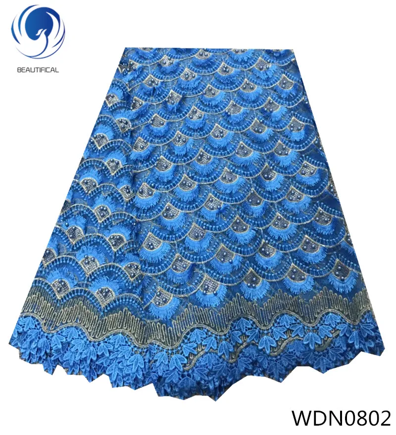 

BEAUTIFICAL blue lace fabric 2018 lace fabric beaded lace african fabric with same color beads blue for lady dress 5yards WDN08