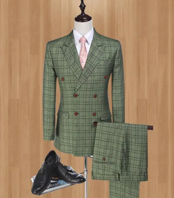 Приталенный мужской костюм зеленый Свадебный Смокинг в клетку камвольная шерсть деловой костюм куртка+ брюки+ жилет - Цвет: Same as picture