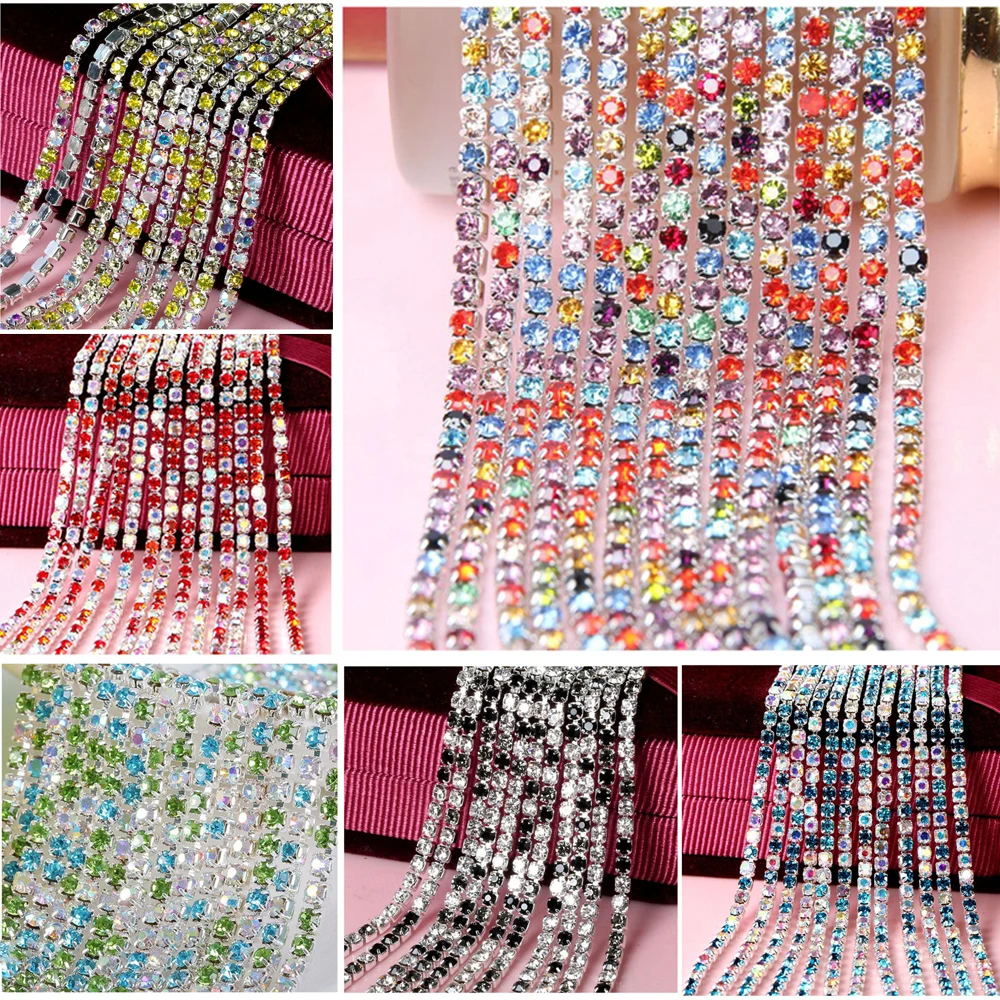 

2mm 2.5mm 2.8mm 3mm AB Crystal Rhinestone Cup Chain for Clothing Accessories Silver Based Claw High Density Sew on Cup Chain