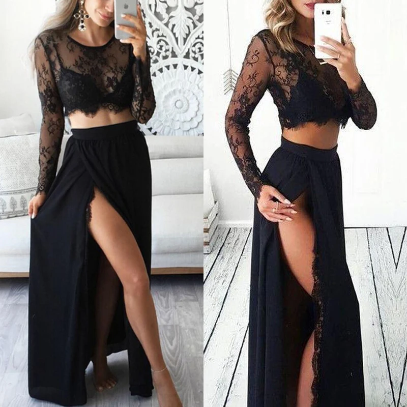 

Women 2 Piece Set 2019 Black Sexy Long Sleeve Lace See Through Top Ladies Casual Slip Beach Party Dresses Female Fashion Clothes