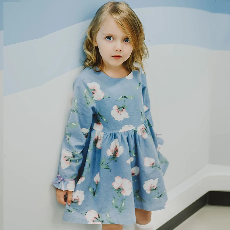 Платье с длинным рукавом для девочки Bear Leader, осеннее стильное брендовое детское цельнокроеное приталенное платье, с длинными рукавами и цветочным принтом