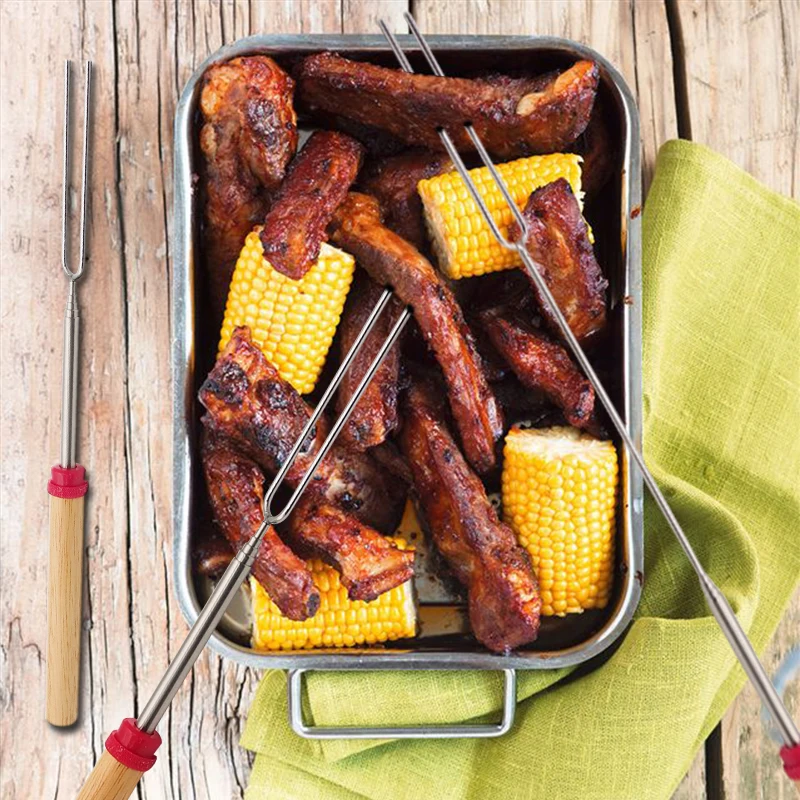 2 Pcs/set BBQ Forks Camping Campfire Stainless Steel Wooden Handle Telescoping Barbecue Roasting Fork Sticks Skewers BBQ Forks