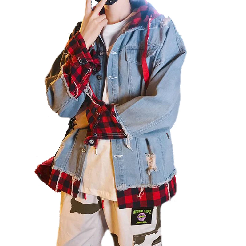 

Spring Unisex Casual bomber Handsome Hooded Denim Jacket Loose Plaid Spliced Female Jeans Jacket Holes Plus Size Jeans Coat