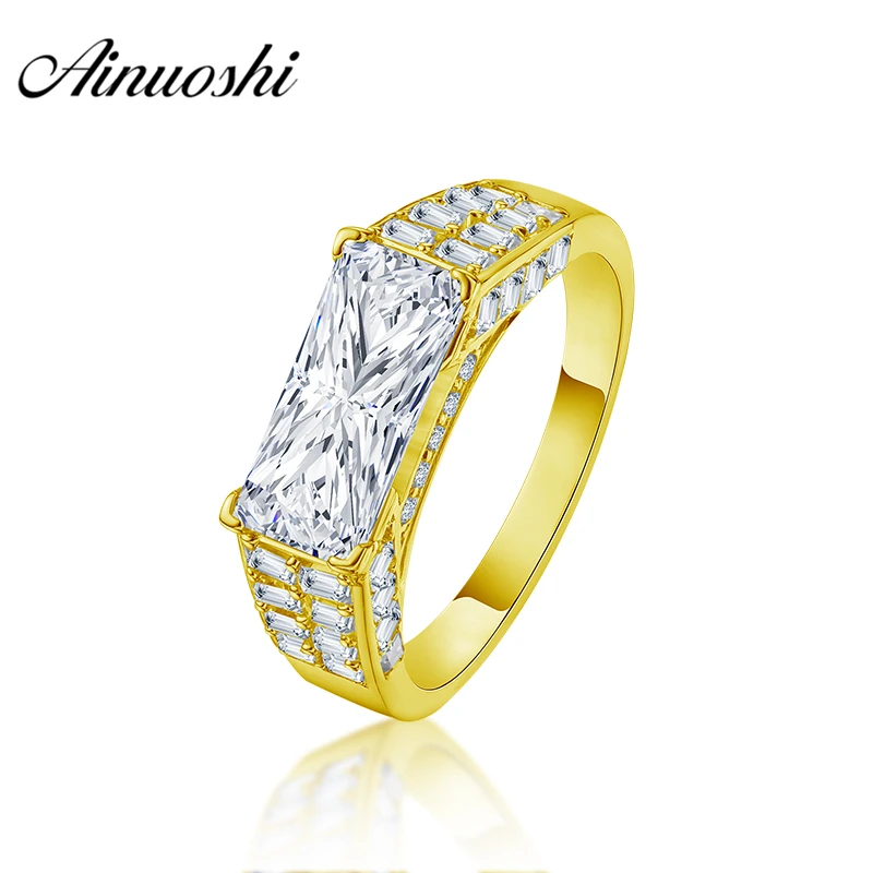 

AINUOSHI Luxury 10K Solid Yellow Gold Men Band Rectangle Cut Delicate Ring Engagement Wedding Male Jewelry 3.8g Wedding Men Band
