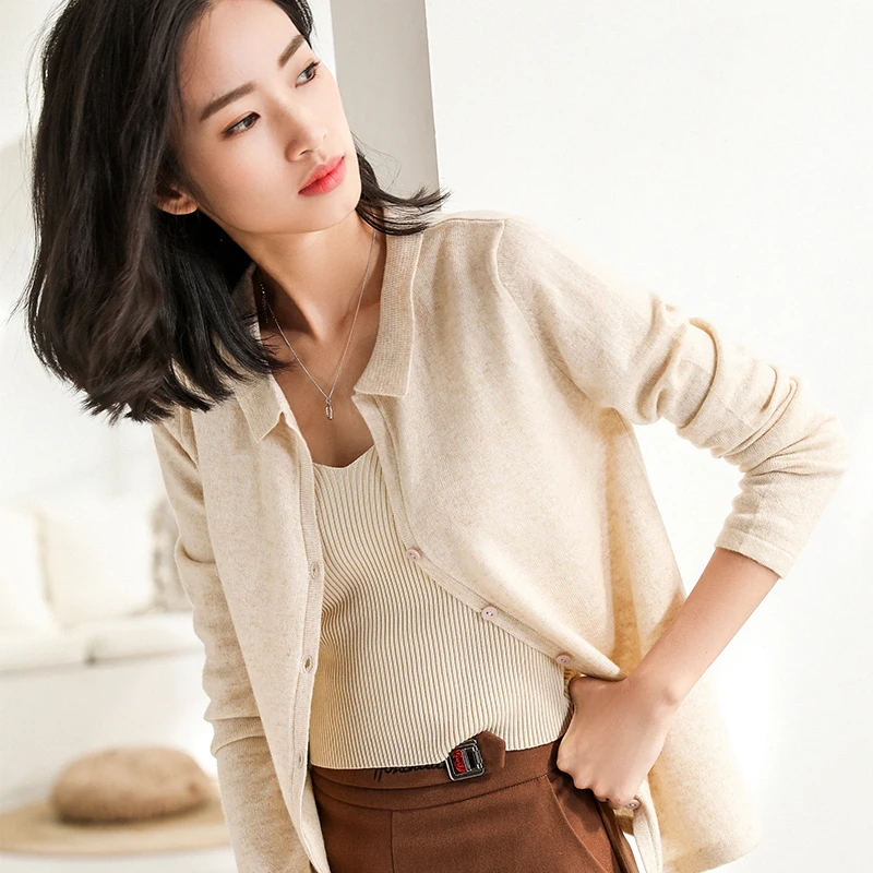 LHZSYY Spring And Autumn New Women's Cashmere Cardigan Sweater Round Neck Solid color Knit Short Shirt Wild Wool Cardigan Female