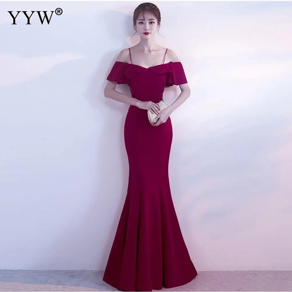 

Vintage Red Women Slim Mermaid Sexy Backless Bride Wedding Evening Dress Qipao Party Dress Royal Off Shoulder Club Formal Dress
