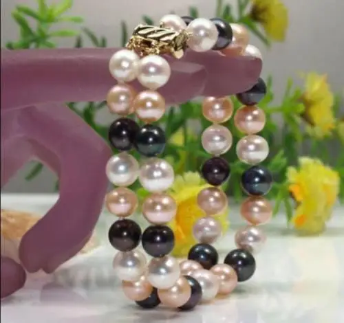 

Shipping >>>>2 Row 9-10mm south sea white black pink Pearl Bracelet 14k yellw golden clasp