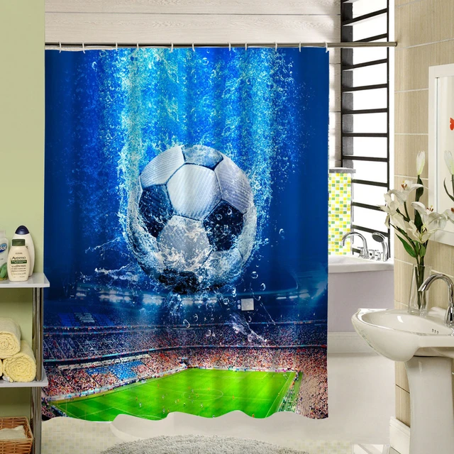 Football Shower Curtain Blue Polyester Fabric Waterproof Mildewproof Football Shower Curtain Blue Polyester Fabric Waterproof Mildewproof Print Design For Home Soccer Bathroom