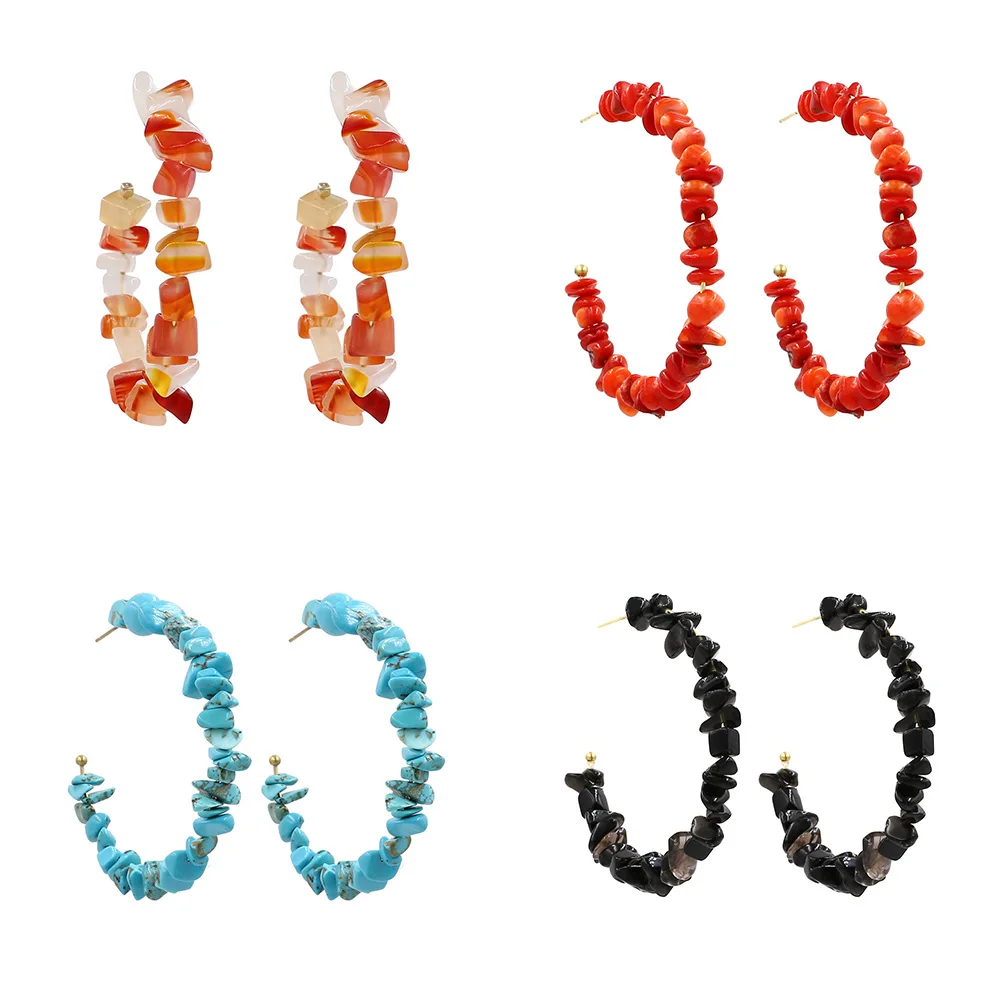 

ZA 2019 Boho Colorful Stone Beads Hoop Earrings for Women Vintage Ethnic Big Round Statement Lady Earring Jewelry Wholesale Gift