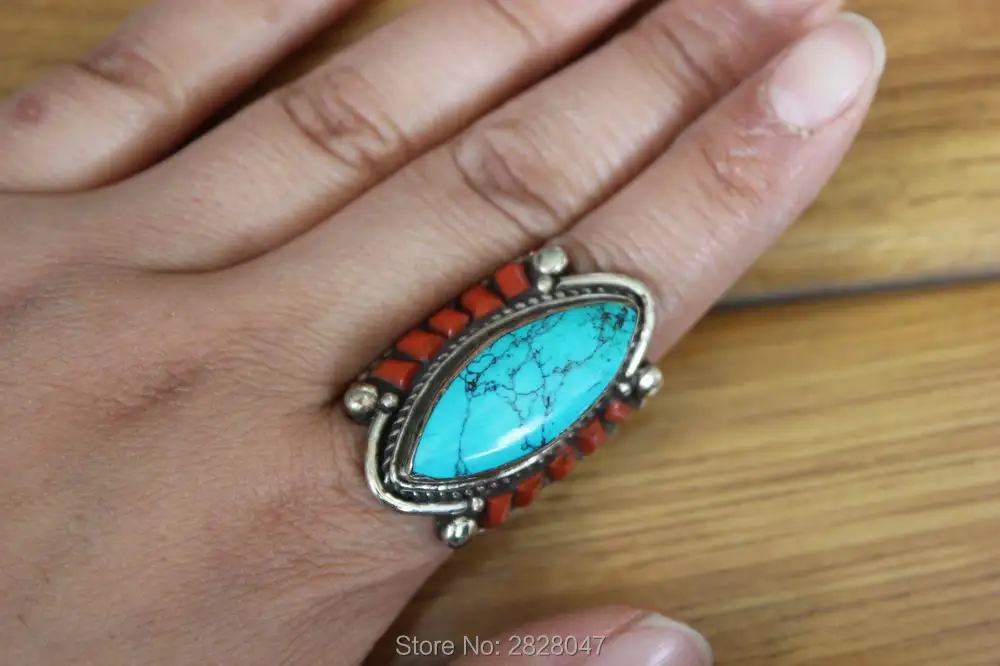 

RG324 Ethnic Tibetan Oval Copper Turkish Stone Rings Thumb Ring Handmade Nepal Jewelry Women Ring