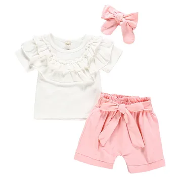 

Toddler Kids Baby Girls Ruffled Children clothes Set Infant Kids Outfit T Shirts Tops Bow Shorts Hair Band Outfits Sets