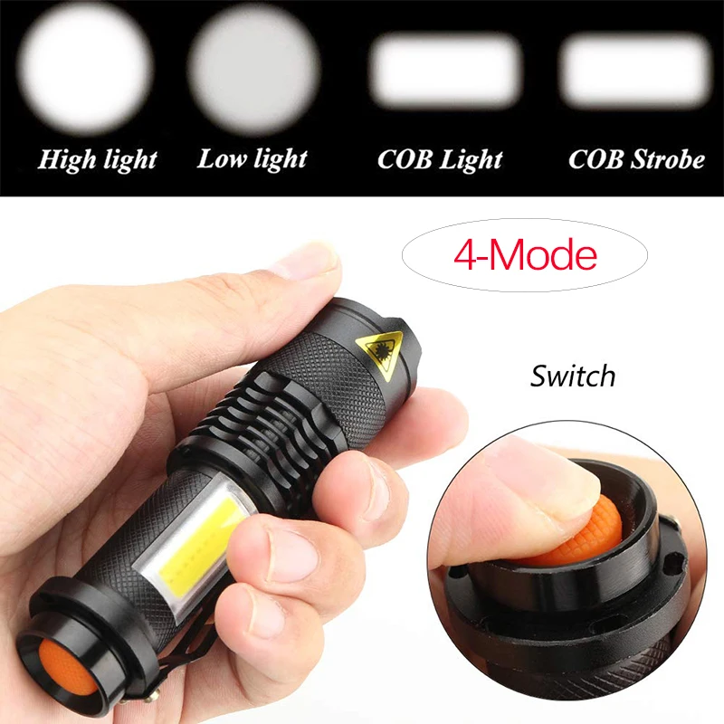 Super Bright 8000LM Mini COB+Q5 LED Flashlight 4Mode Zoom Torch Light For Hiking