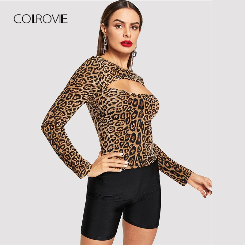 

COLROVIE Open Front Leopard Print Fitting Casual T-Shirt Women Clothing 2018 Winter Long Sleeve Sexy Shirt Ladies Tops Tee