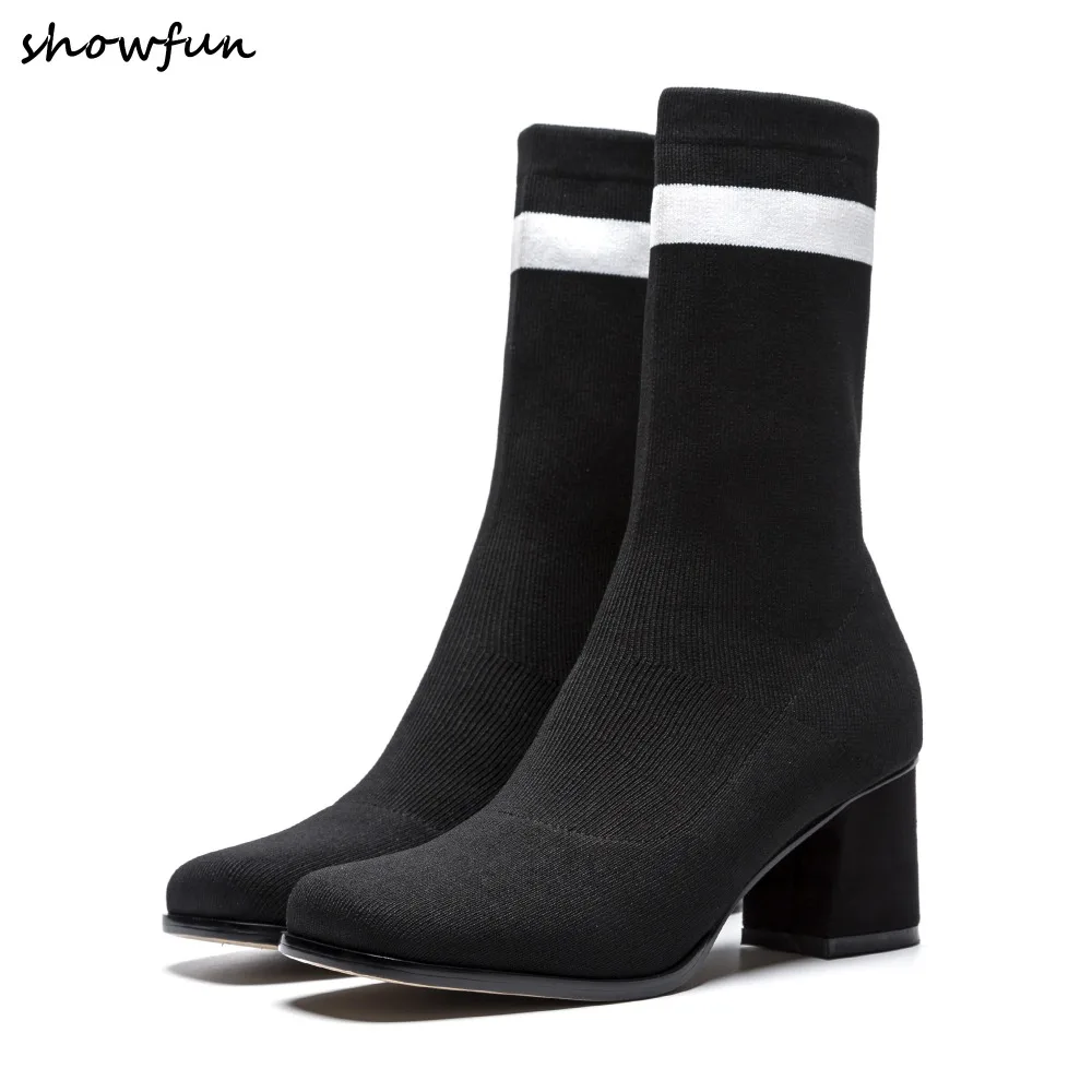 

Fashion Ankle Elastic Sock Boots Chunky High Heels Stretch Women Autumn Sexy Booties Square Toe Short Women Pump Slim Shoes Hot