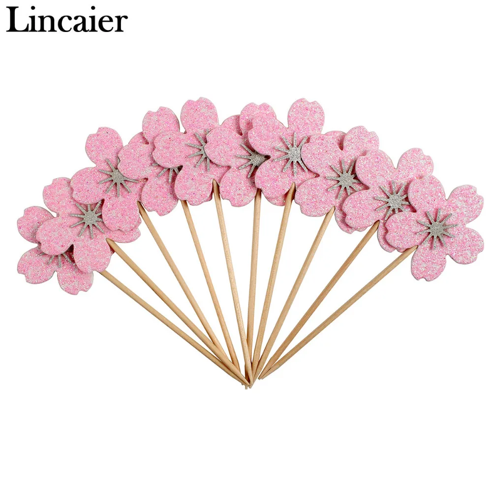 

Lincaier 10pcs Pink Cherry Blossoms Cupcake Toppers Girl Birthday Party Decorations Kids Sakura Cake Supplies Accessories Flower