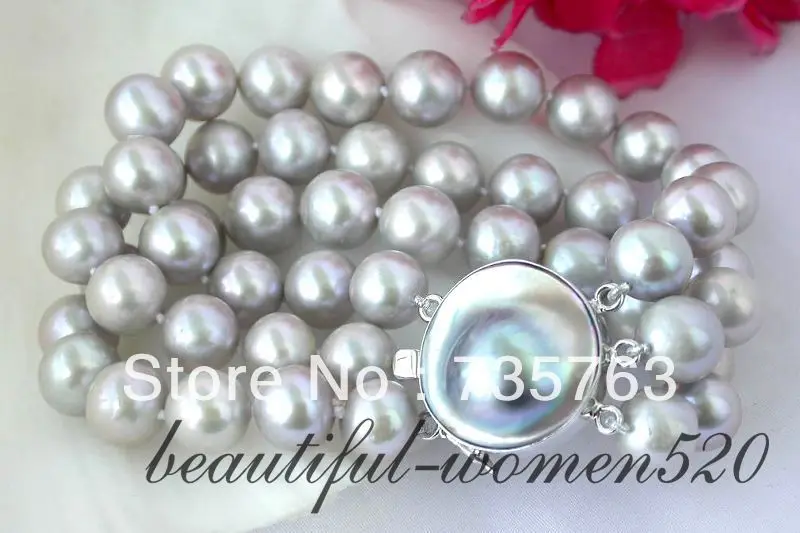 

xiuli 00128 Excellent 3strands 8" 10mm round gray freshwater pearl bracelet silve