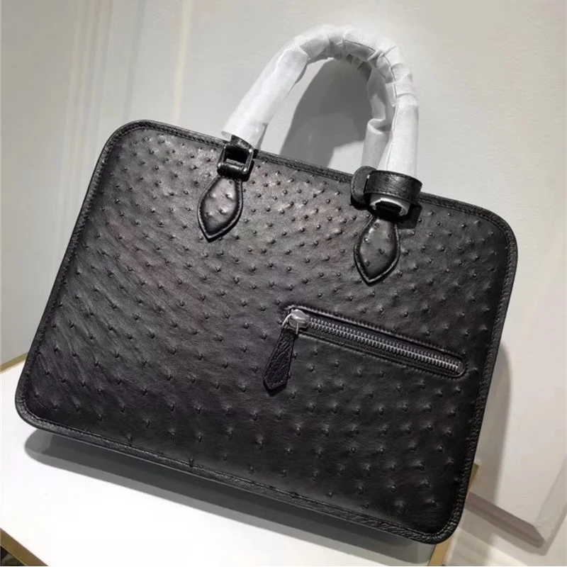 

Business Style Genuine Ostrich Skin Men Large Briefcase Exotic Leather Male Working Purse Laptop Handbag Long Belt Shoulder Bag