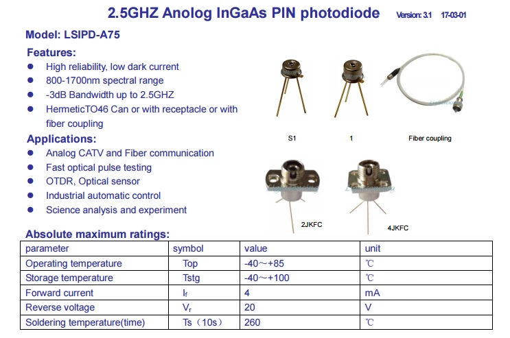 800-1700nm 2,5 GHZ Anolog InGaAs PIN фотодиодный Высокая надежность низкий Темный ток