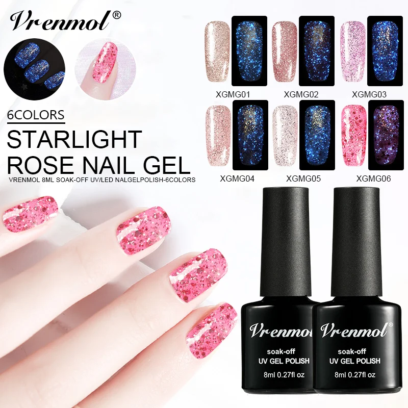 

Vrenmol Luminous Fluorescent Nail Gel Polish Rose Gold Pink Glitter Flakes Color Change UV LED Nail Art Varnish Lacquer