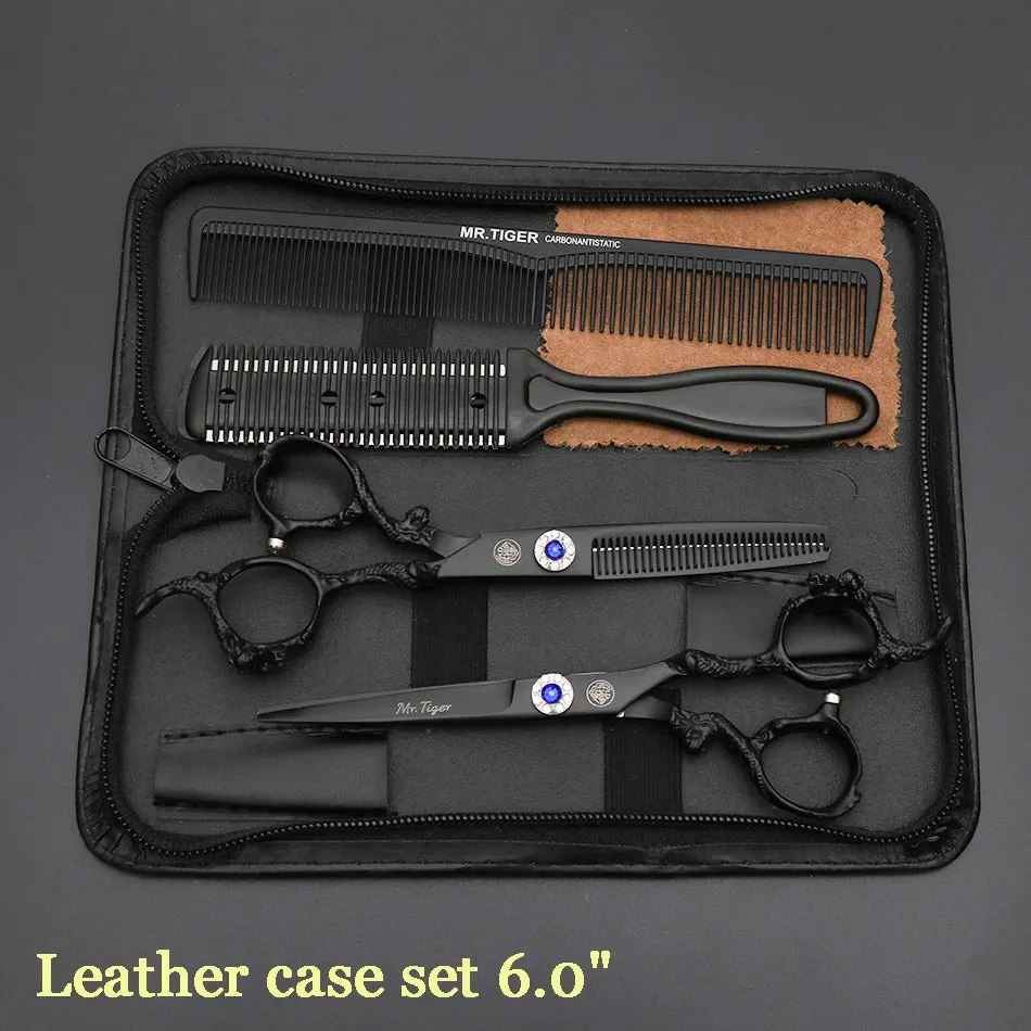 leather case set Острое лезвие, профессиональные ножницы для стрижки волос, парикмахерские ножницы Makas, парикмахерские ножницы, черные с бритвой - Цвет: leather case set