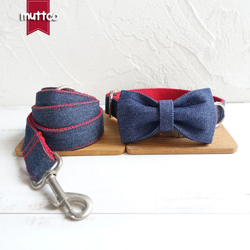 

MUTTCO retailing self-designed dog bowknot THE RED JEAN mazarine and red dog collar and leash set with bow tie 5 sizes UDC038