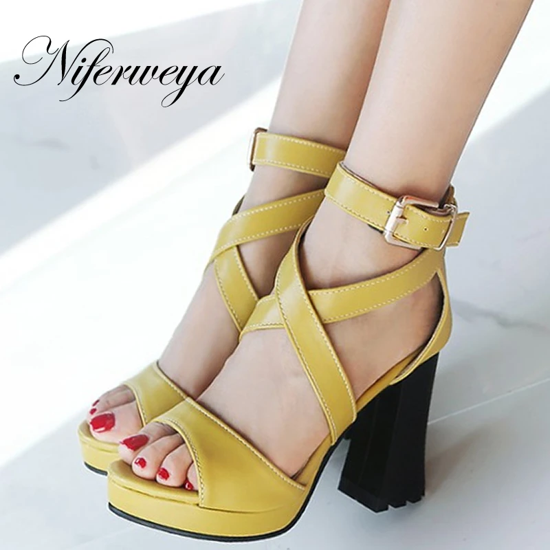 

Big size 32-50 summer women Gladiator shoes sexy thick heel Platform high heels Peep Toe Buckle Strap sandals zapatos mujer