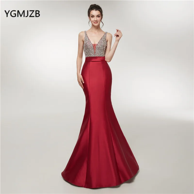 

Vestidos Satin Long Prom Dresses Elegant 2018 Mermaid Beaded Crystal Top Backless Formal Evening Dress Party Gown Robe De Soiree