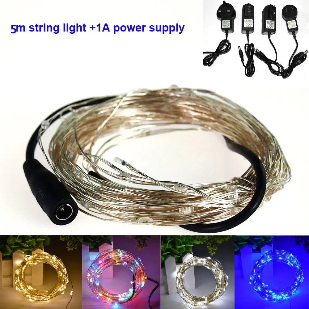 1X 5M 50led Copper Wire LED String Light With Power adapter DC 12V