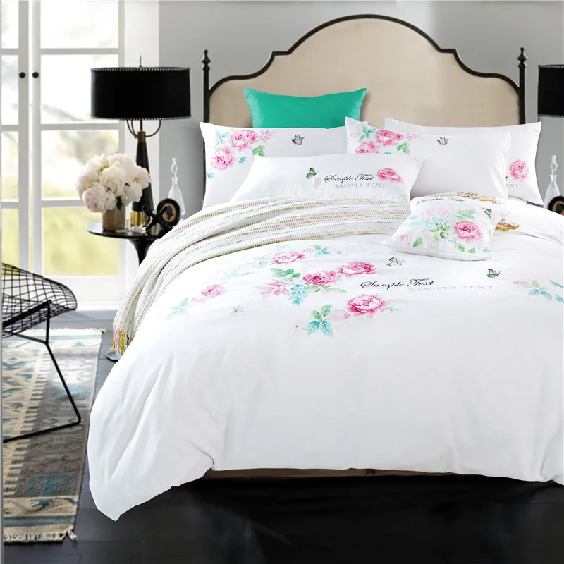 Fresh princess style floral print bedding sets satin embroidery white linens Queen/King size duvet cover set sheets sets