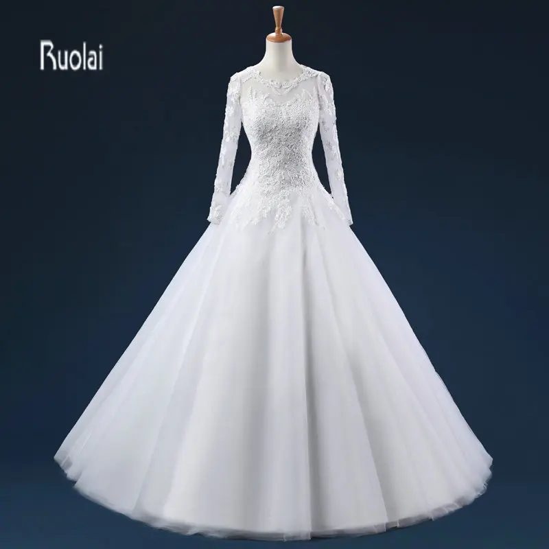 Новая очаровательная одежда с длинным рукавом Кружево аппликация Тюль бальное платье Формальное длинное Свадебные платья индивидуальный